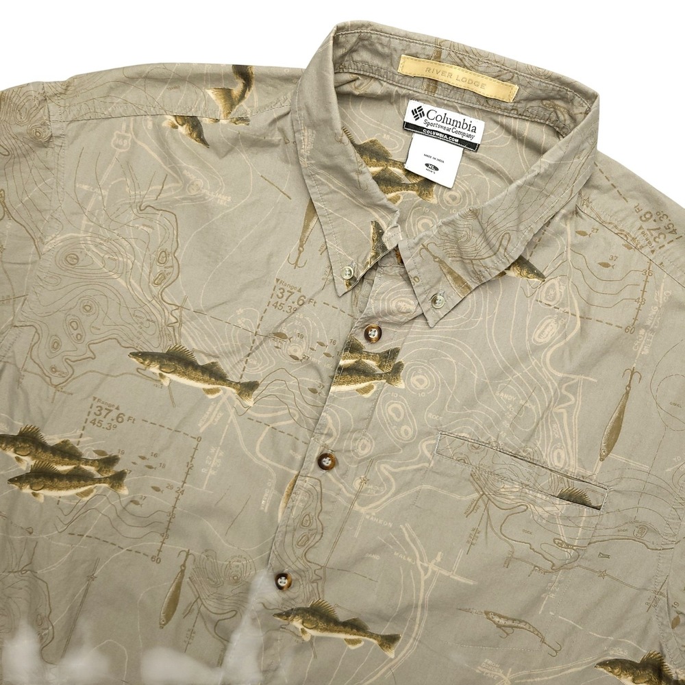 Columbia River Lodge Shirt Mens XL Beige Fish Map Short Sleeve Button Up Fishing